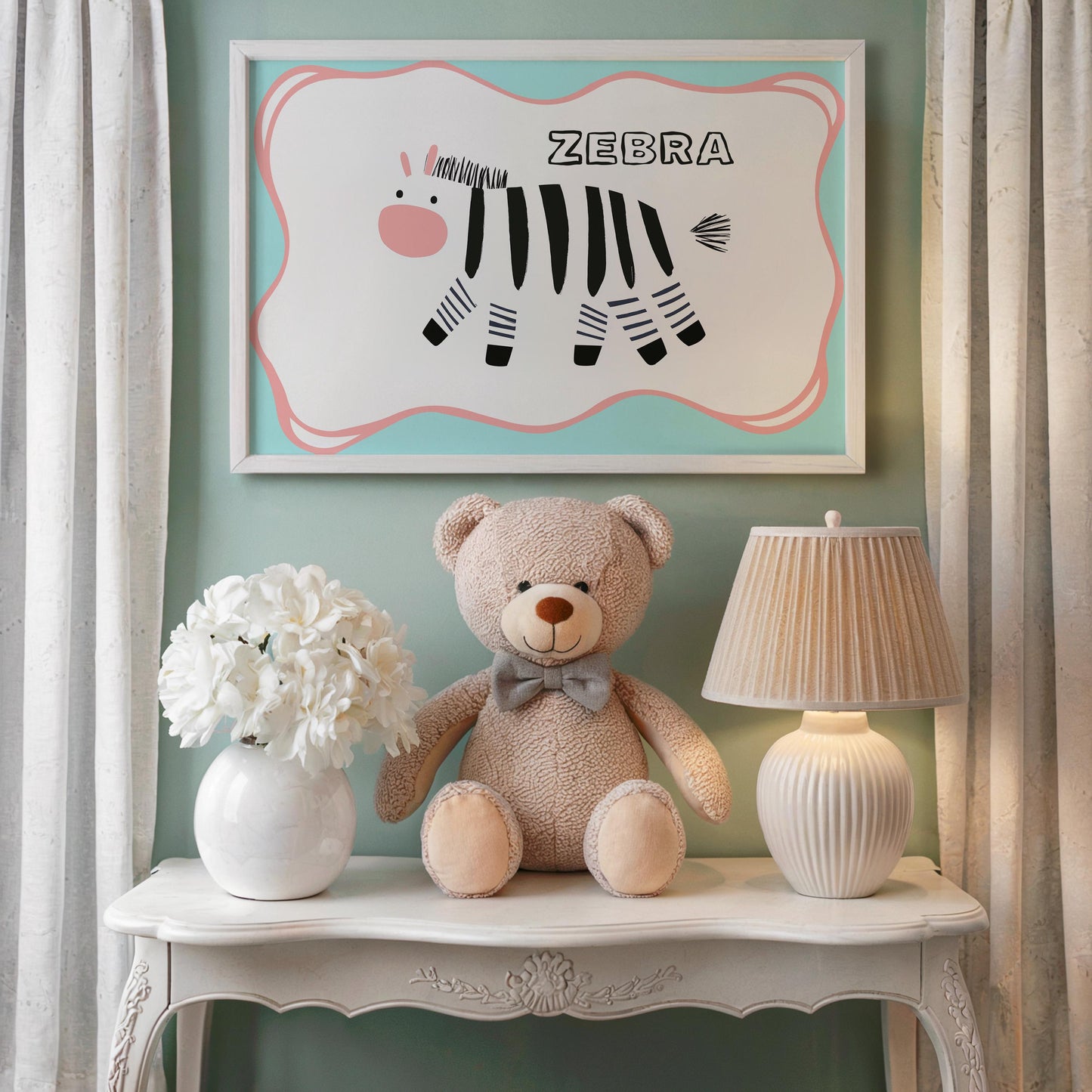 Poster Kinderzimmer Zebra · Tierposter mit schwarz-weißem Zebra im Skandi-Stil · Bunte Wanddeko für Kinder & Babys · Deko ohne Rahmen