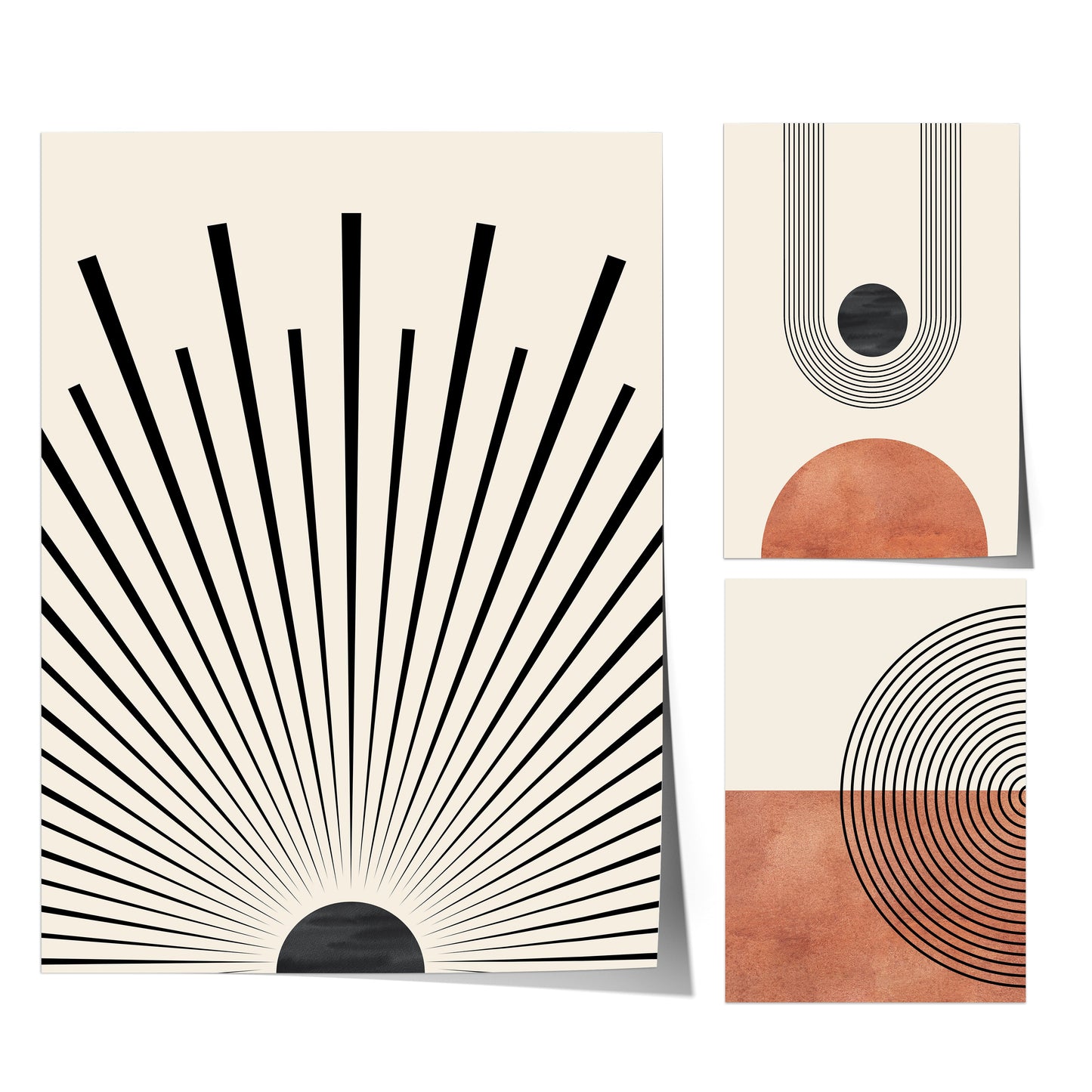 Poster Mid Century Moderne Wandkunst Dekoration I Boho Stil I Orange I Schwarze Sonnenstrahlen I Kunstdruck I Deko Print ohne Rahmen