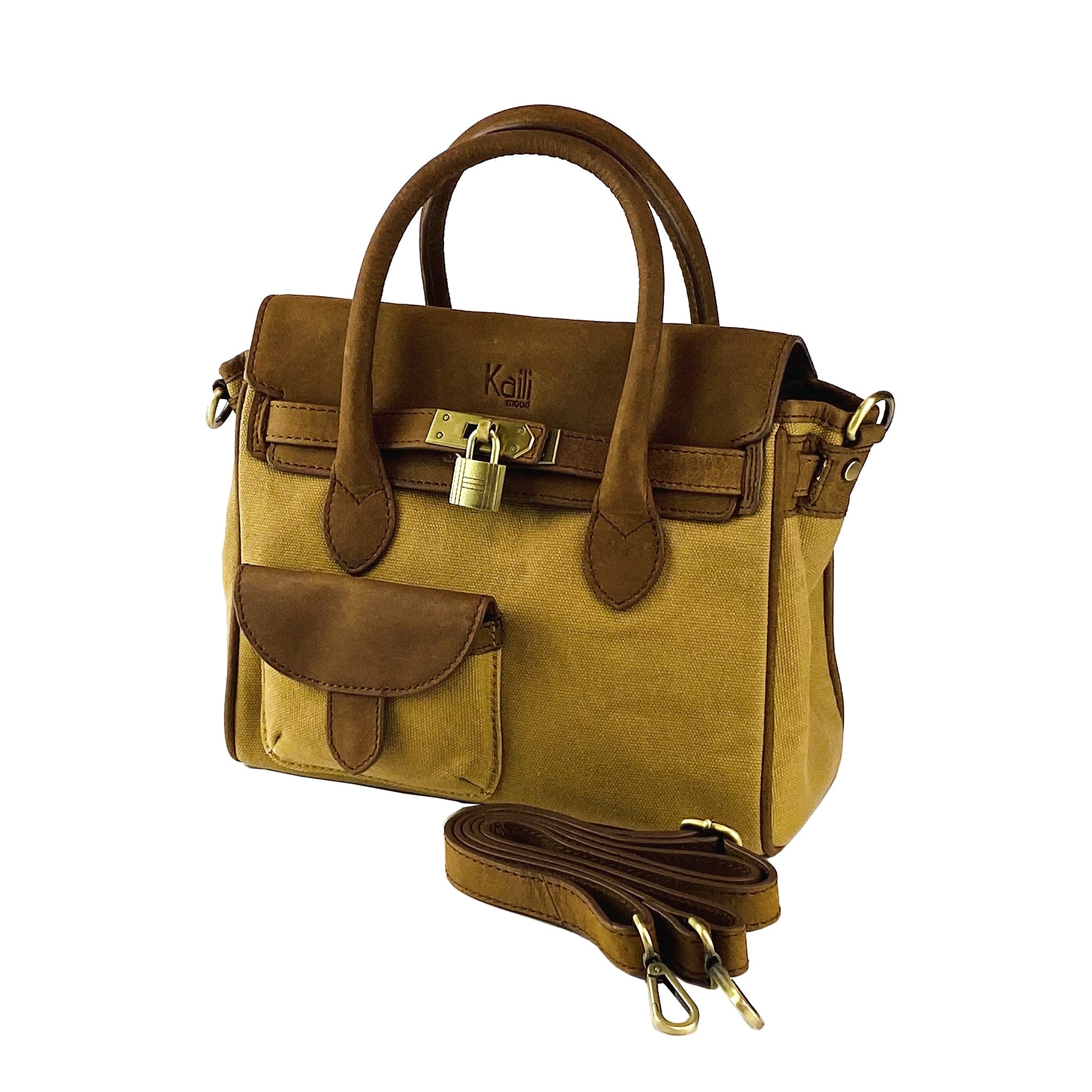K0042BACB | Canvas/Vera Leather Mini Hand Bag Made in Italy. Removable shoulder strap. Antique Brass metal snap hook attachments - Hazelnut color - Dimensions: 24 x 20 x 12 cm.-0