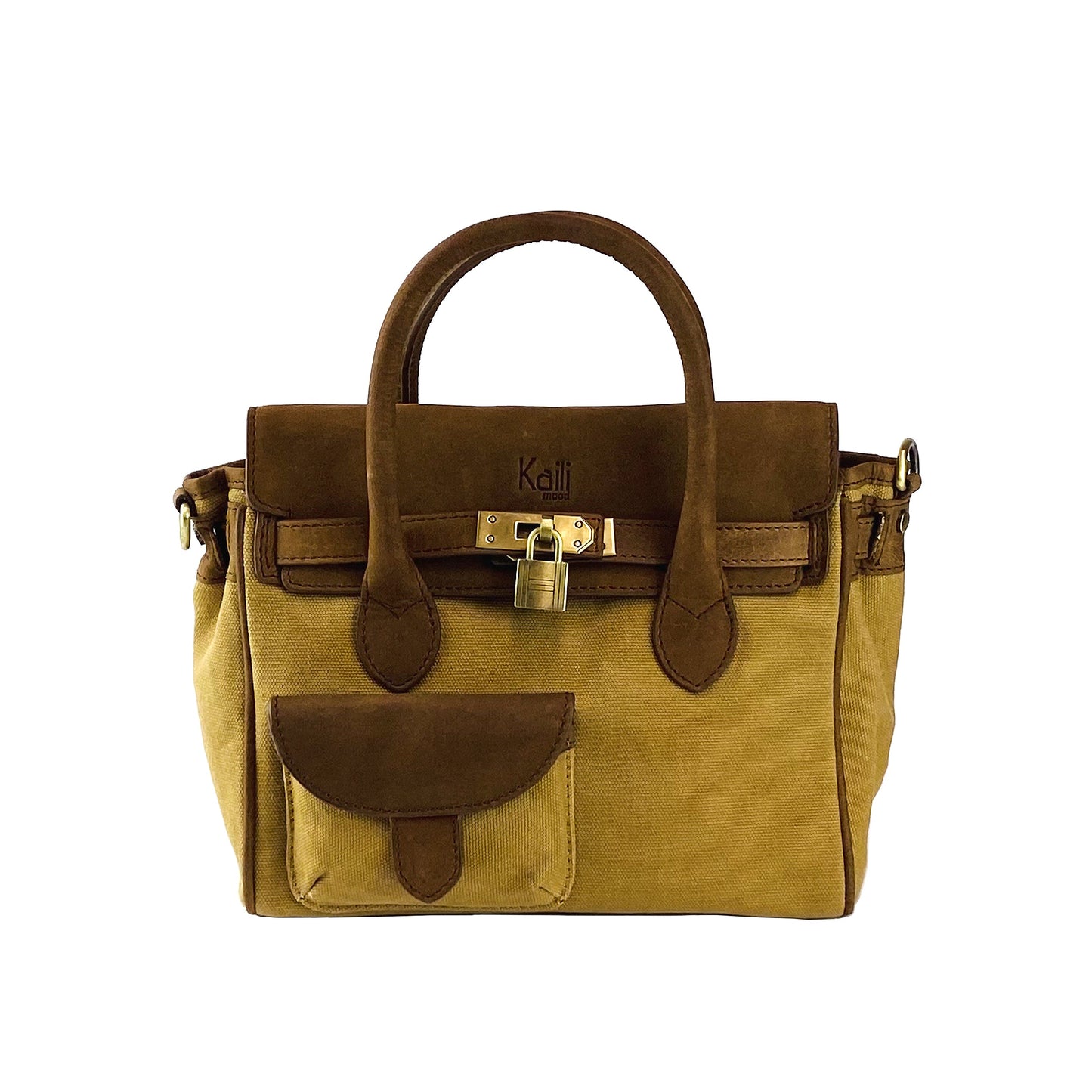K0042BACB | Canvas/Vera Leather Mini Hand Bag Made in Italy. Removable shoulder strap. Antique Brass metal snap hook attachments - Hazelnut color - Dimensions: 24 x 20 x 12 cm.-1