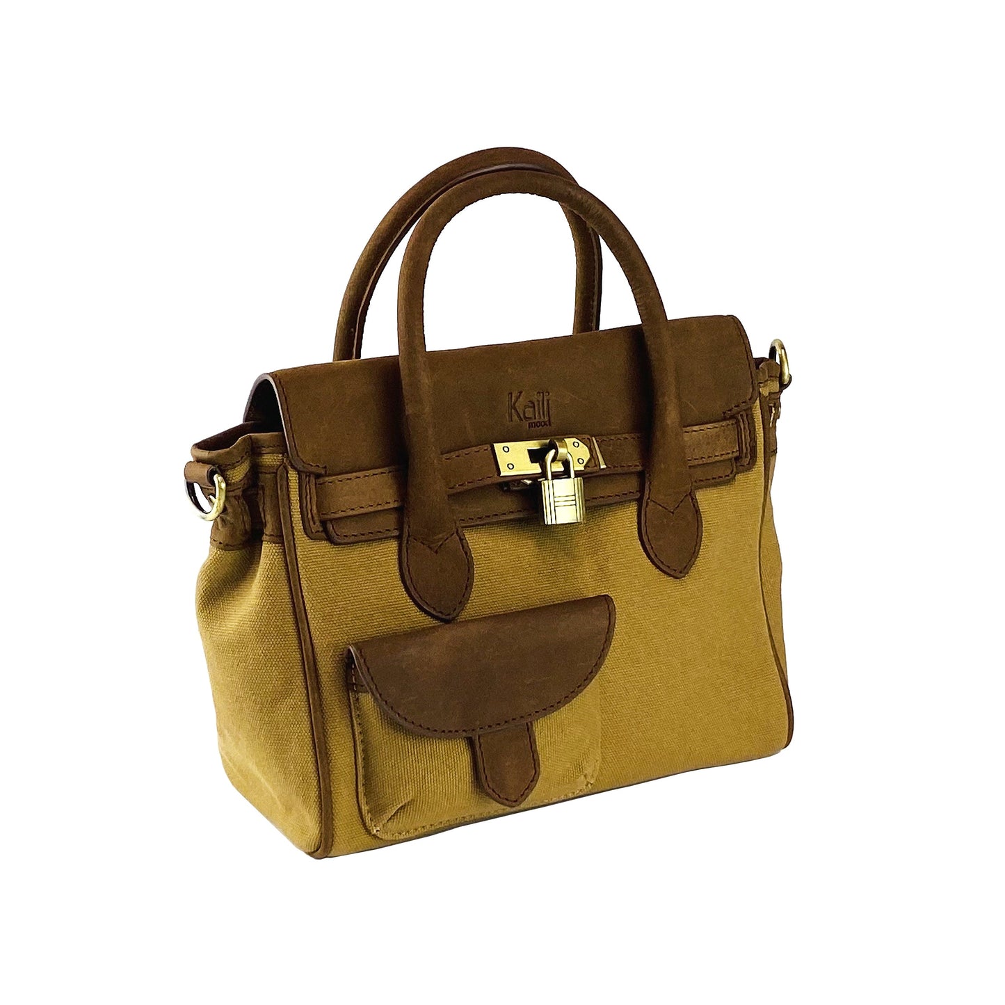 K0042BACB | Canvas/Vera Leather Mini Hand Bag Made in Italy. Removable shoulder strap. Antique Brass metal snap hook attachments - Hazelnut color - Dimensions: 24 x 20 x 12 cm.-2