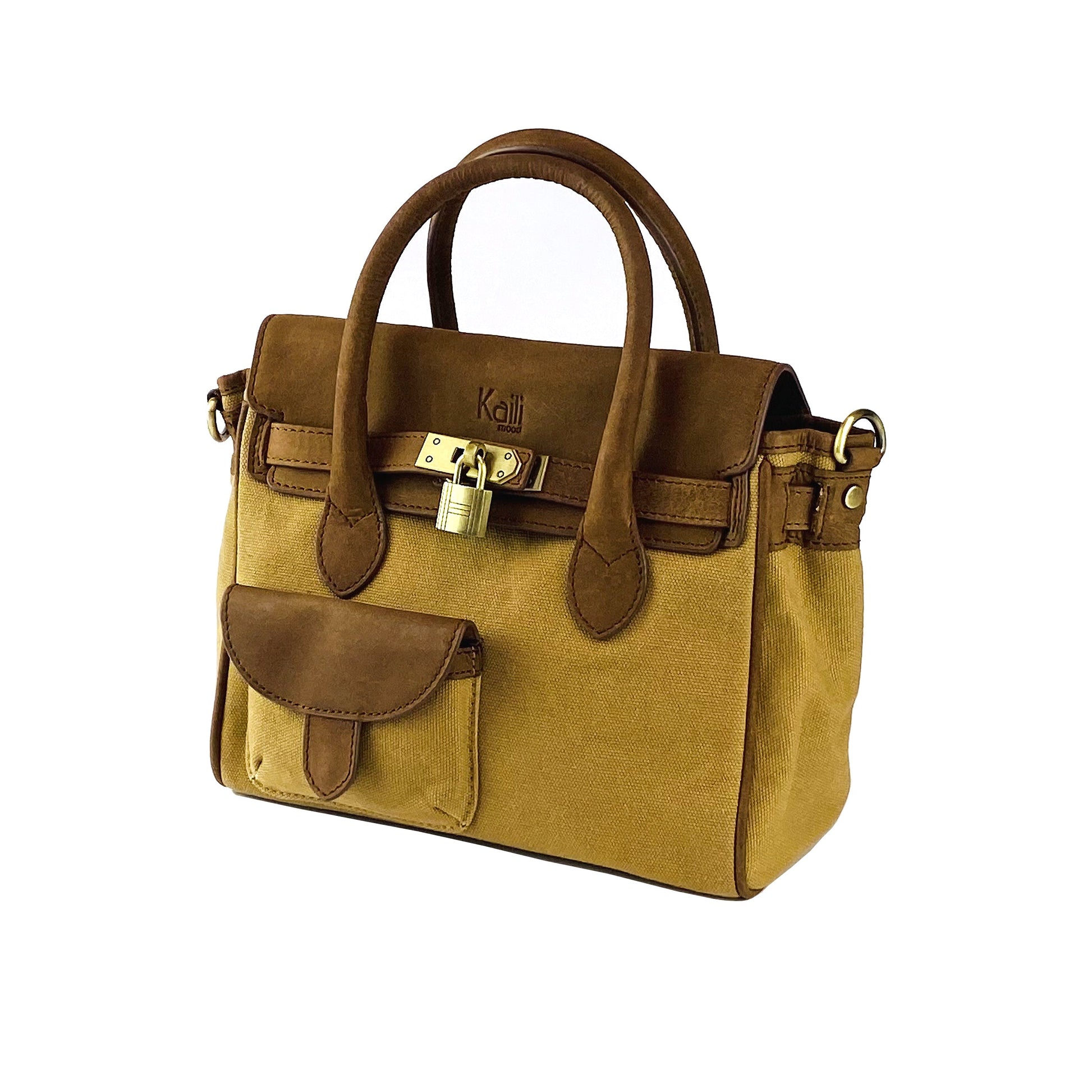 K0042BACB | Canvas/Vera Leather Mini Hand Bag Made in Italy. Removable shoulder strap. Antique Brass metal snap hook attachments - Hazelnut color - Dimensions: 24 x 20 x 12 cm.-3