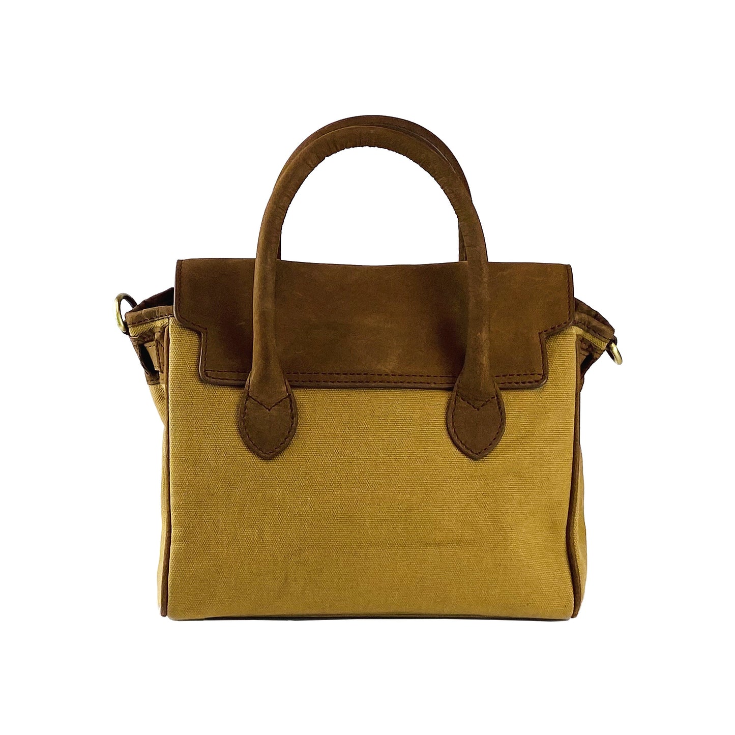 K0042BACB | Canvas/Vera Leather Mini Hand Bag Made in Italy. Removable shoulder strap. Antique Brass metal snap hook attachments - Hazelnut color - Dimensions: 24 x 20 x 12 cm.-4