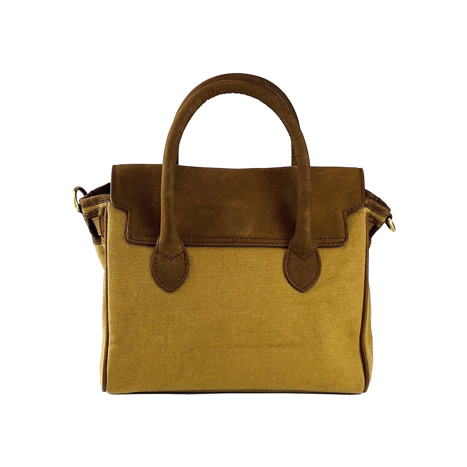 K0042BACB | Canvas/Vera Leather Mini Hand Bag Made in Italy. Removable shoulder strap. Antique Brass metal snap hook attachments - Hazelnut color - Dimensions: 24 x 20 x 12 cm.-4