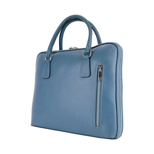RB1019P | Cartella Business Unisex in Vera Pelle Made in Italy con tracolla removibile. Attacchi con moschettoni in metallo Nickel Lucido - Colore Avio - Dimensioni: cm 37 x 29 x 6,5-0
