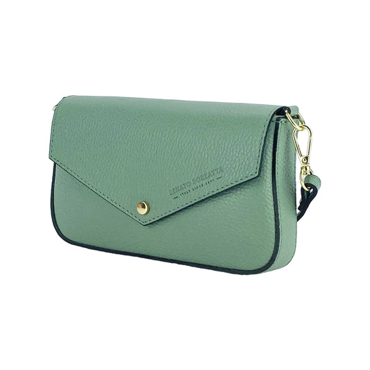 RB1023BF | Small Shoulder Bag with Removable Chain Strap in Genuine Leather Made in Italy. Flap Closure. Shiny Gold metal hardware - Mint color - Dimensions: 22 x 12 x 3 cm.-0