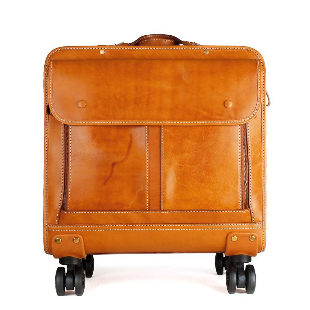 Genuine Vintage Italian Vegetable Tanned Leather 20-inch Carry-on Universal wheel Cabin Rolling Spinner Travel Luggage-4