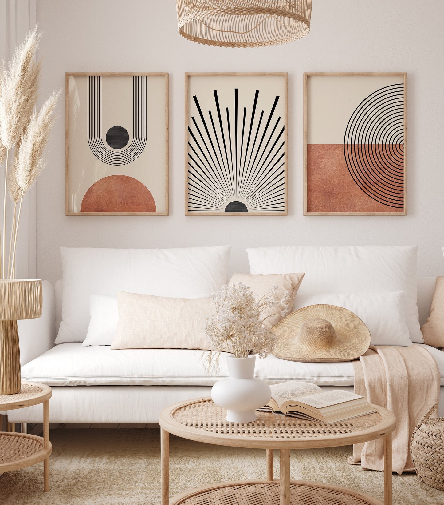 Poster Mid Century Moderne Wandkunst Dekoration I Boho Stil I Orange I Schwarze Sonnenstrahlen I Kunstdruck I Deko Print ohne Rahmen