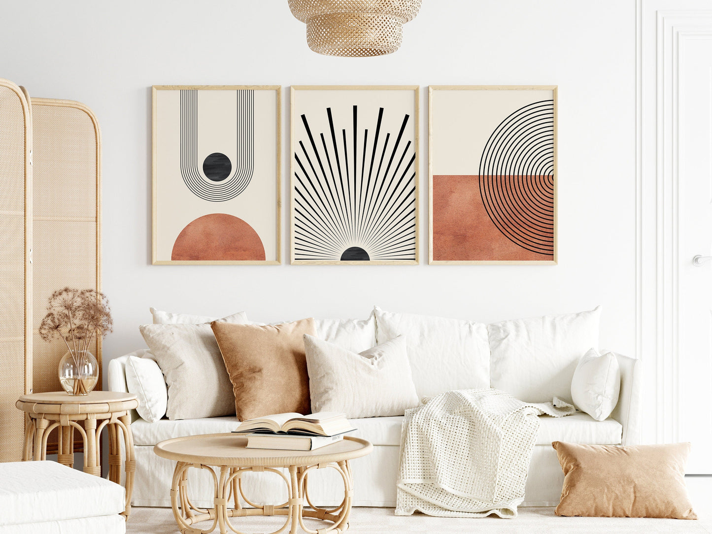 Poster Mid Century Moderne Wandkunst Dekoration I Boho Stil I Orange I Schwarze Sonnenstrahlen I Kunstdruck I Deko Print ohne Rahmen
