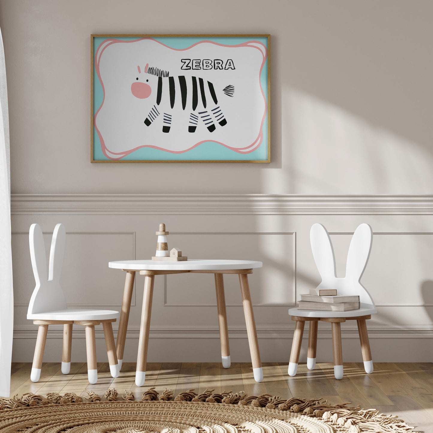 Poster Kinderzimmer Zebra · Tierposter mit schwarz-weißem Zebra im Skandi-Stil · Bunte Wanddeko für Kinder & Babys · Deko ohne Rahmen