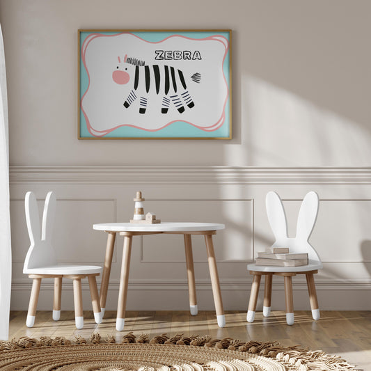 Poster Kinderzimmer Zebra · Tierposter mit schwarz-weißem Zebra im Skandi-Stil · Bunte Wanddeko für Kinder & Babys · Deko ohne Rahmen